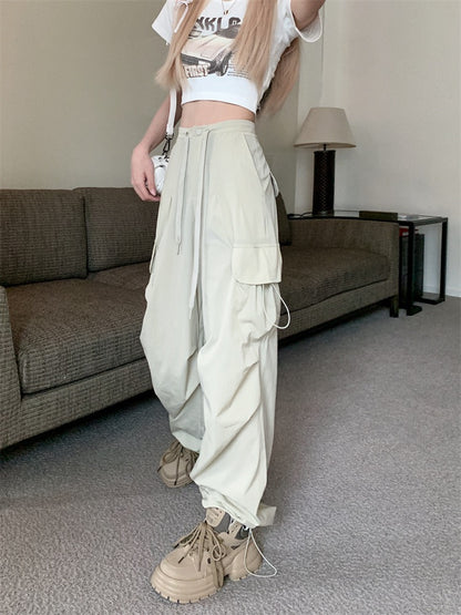 American retro functional wind tooling casual pants women's summer elastic waist drawstring high waist loose wide-leg pants trousers