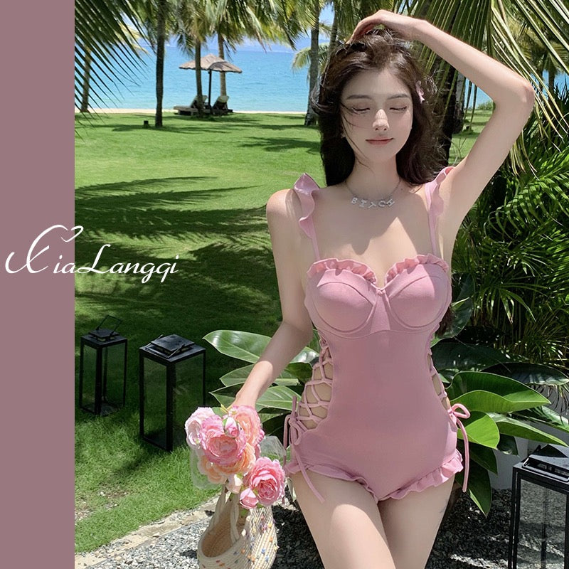 Swimsuit women's high-end sense 2023 new ins net red style small chest  gathered to cover belly and look thin one-piece hot spring swimsuit