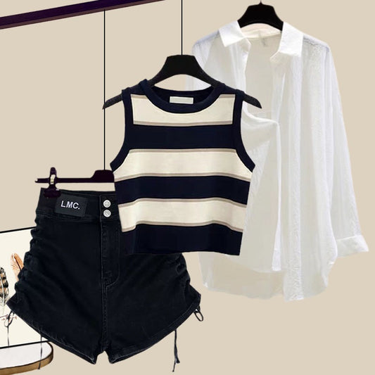 High-end summer three-piece suit female summer hot girl striped vest sunscreen thin shirt wide-leg denim shorts