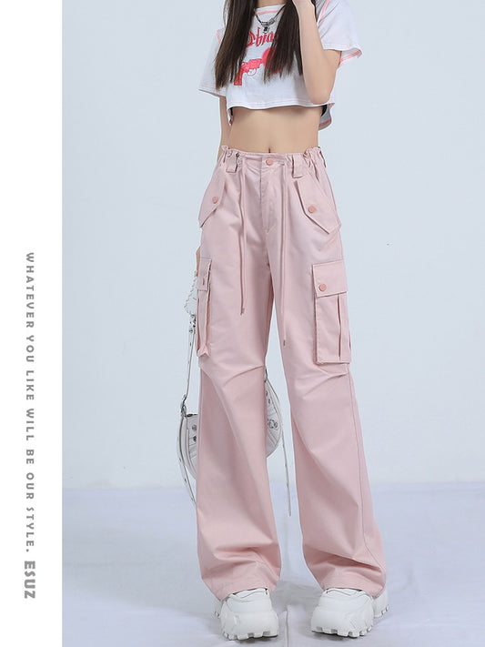 Pink high waist overalls women 2023 summer thin section loose and slim design pocket casual sports wide leg pants