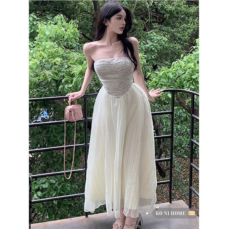 Dress women's small fragrance style woven sequin design sense tube top summer new pure desire temperament waist chiffon long skirt