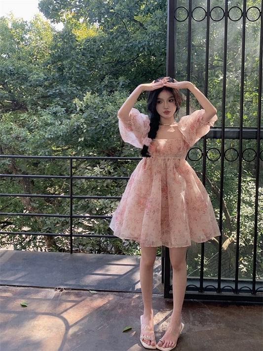 Sweet Floral Square Neck Short-sleeved Dress Women's Summer French Ballet Style Skirt Puff Sleeve Puffy Princess Skirt