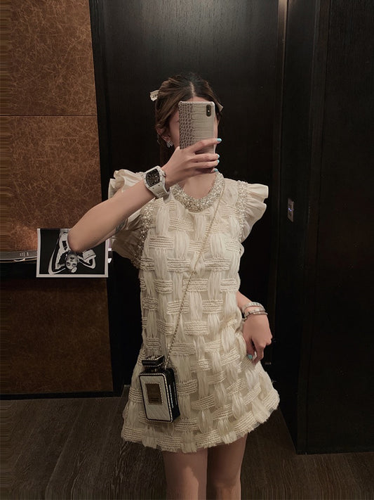 Zhao Chenchen heavy industry woven small flying sleeve dress women's summer 2023 new French high-end slim skirt