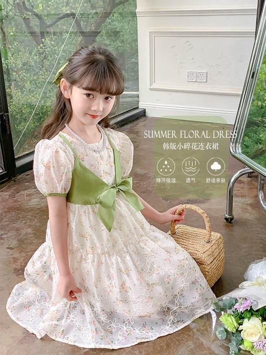 Girls summer dress 2023 new Korean version of foreign style children's skirt summer little girl fake two-piece princess dress