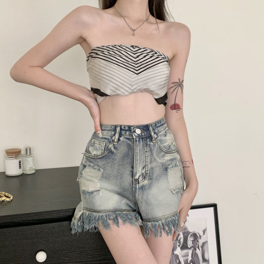 Design sense raw edge denim shorts women's summer washed pants high waist hot girls hot pants straight pants loose wide leg pants