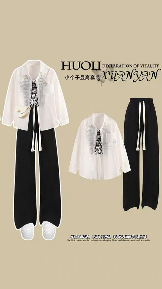 Small people wear sunscreen suspenders black suit women's summer 2023 new cold style women's clothing high-end three-piece suit