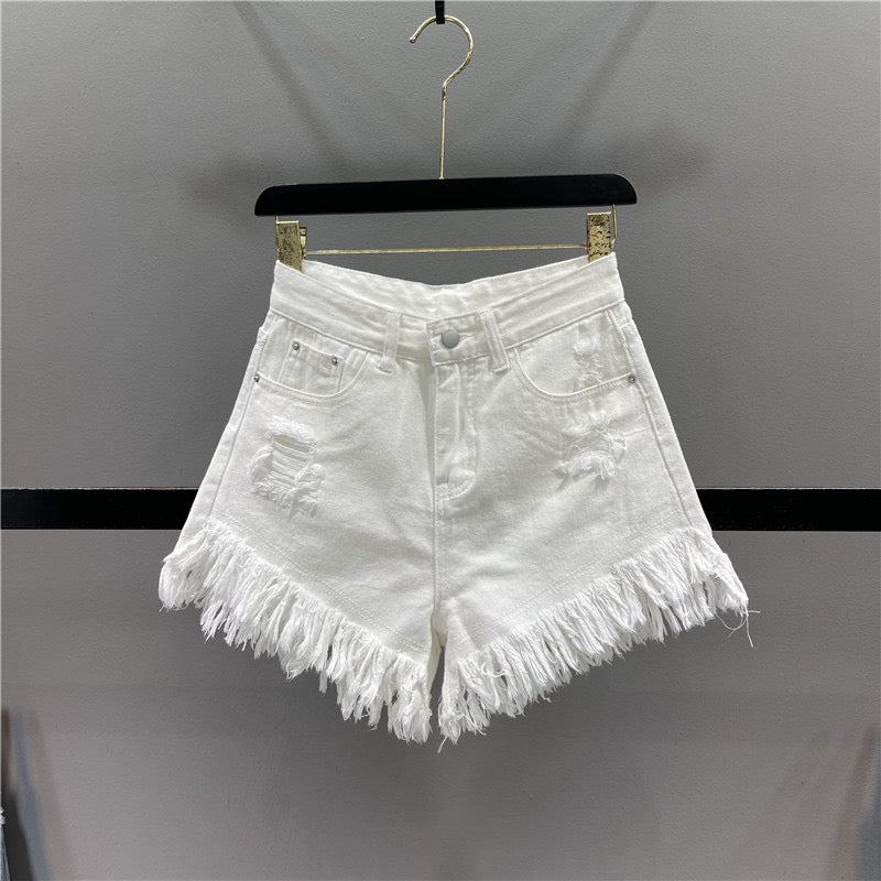 Candy-colored hot girls denim shorts women 2023 summer high waist slimming ripped holes fringed A-line wide-leg hot pants