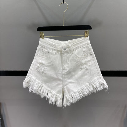 Candy-colored hot girls denim shorts women 2023 summer high waist slimming ripped holes fringed A-line wide-leg hot pants