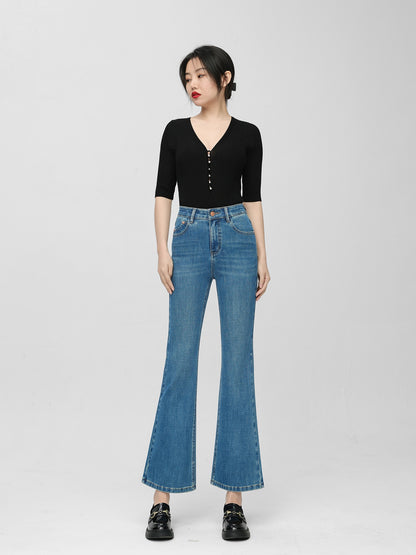 Wang Youshan's slightly flared jeans women's high waist nine points spring and summer 2023 new slim and slim slim flared pants