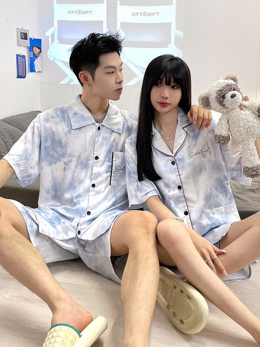 New couple pajamas women's summer ice silk short-sleeved thin suit men's Korean version of camouflage silk summer home service