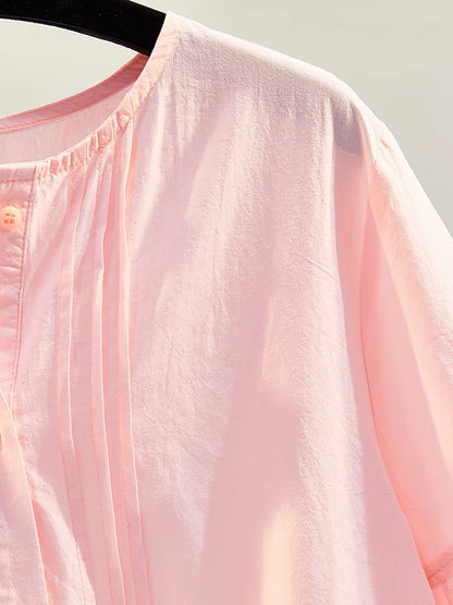 Round neck pink lantern sleeve doll shirt female 2023 summer new Korean fan art loose casual shirt shirt top