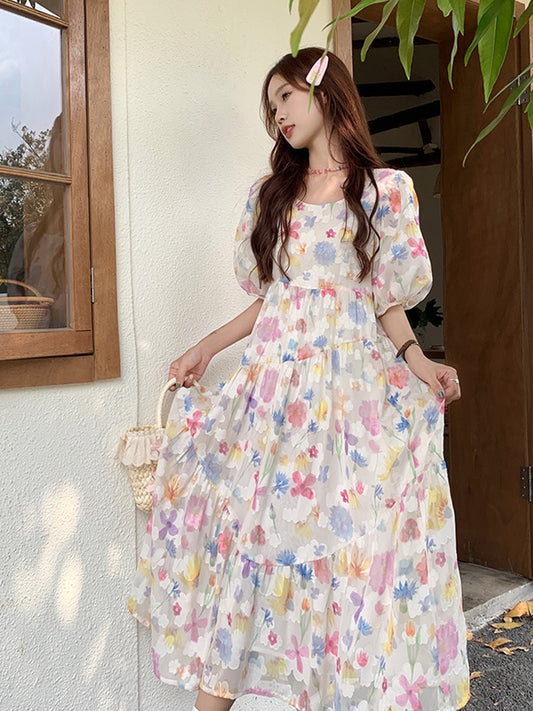 kumikumi sweet floral skirt round neck puff sleeve dress women's summer design sense mid-length A-line skirt