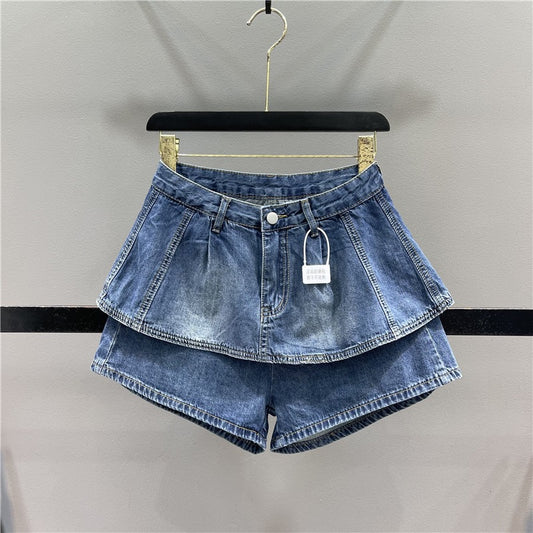Fake two-piece denim shorts skirt female 2023 summer new high waist slim ruffled hot girl A-line wide-leg skirt