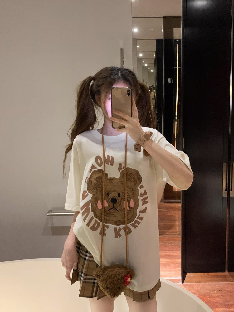 Kumikumi cute bear print short-sleeved round neck T-shirt women's summer loose slim casual all-match tops