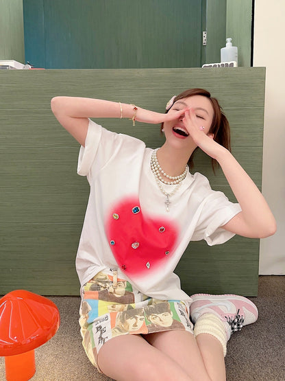 Thebestxue Korean version of fashionable white color diamond love loose short-sleeved t-shirt female 2023 summer new t-shirt