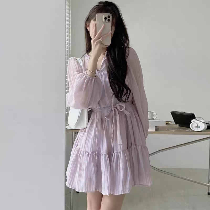 Korean chic spring French gentle V-neck tie with folds texture design small long-sleeved dress female