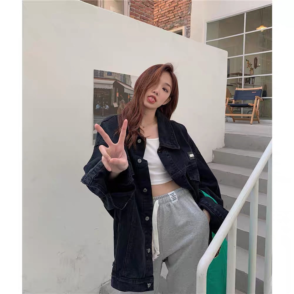 Kumikumi denim jacket women's autumn sweet and cool BF style loose fried street jacket retro wild tooling top tide 1003