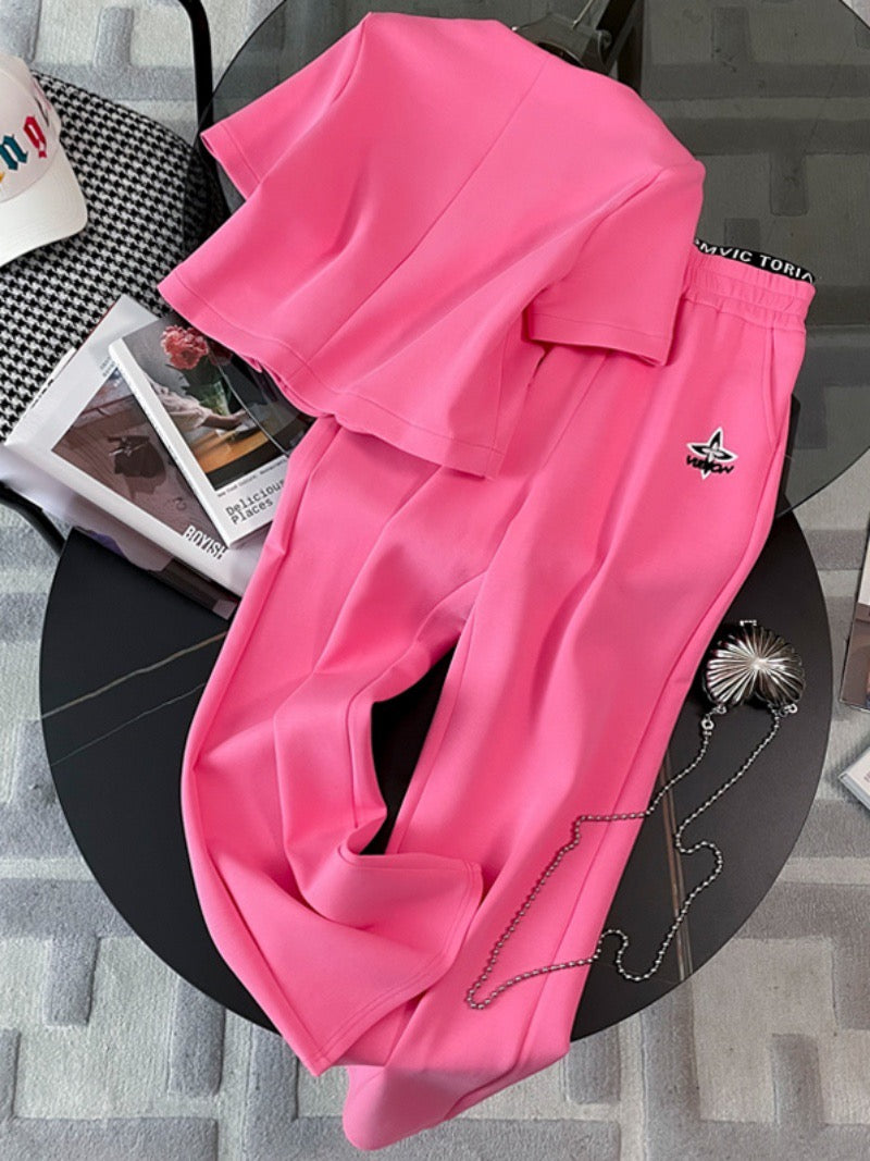European Station Casual Fashion Suit Women's Summer 2023 New Age-reducing Pink Small Fragrance Short-sleeved Wide-leg Pants Two-piece Set