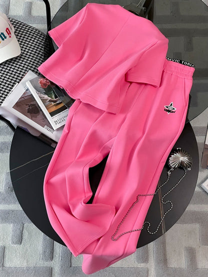 European Station Casual Fashion Suit Women's Summer 2023 New Age-reducing Pink Small Fragrance Short-sleeved Wide-leg Pants Two-piece Set