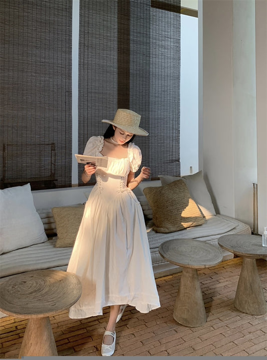 White Square Neck Short-sleeved Dress Fairy Summer Gentle French Skirt Bandage Puff Sleeve Temperament Platycodon Long Dress