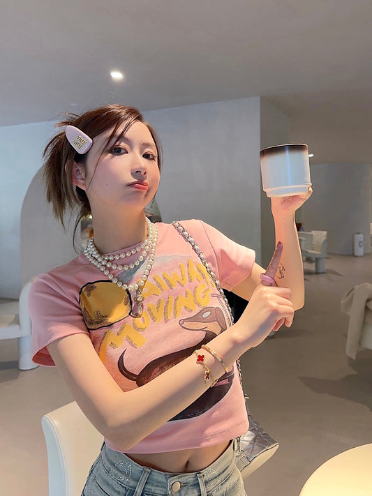 Thebestxue Korean version of slim and thin short pink dog short-sleeved t-shirt women's 2023 summer new top