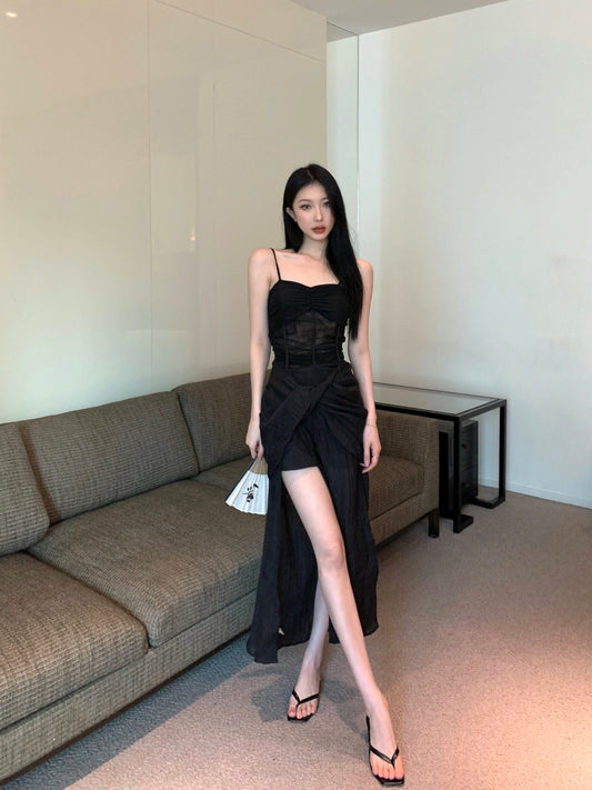 Black slit suspender dress female summer French skirt waist sexy irregular high-quality fish bone dress