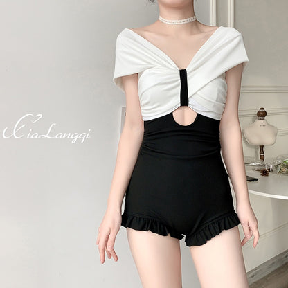 One-piece swimsuit women's 2023 new conservative cover belly slim sexy small chest steel support high waist students hot spring swimsuit