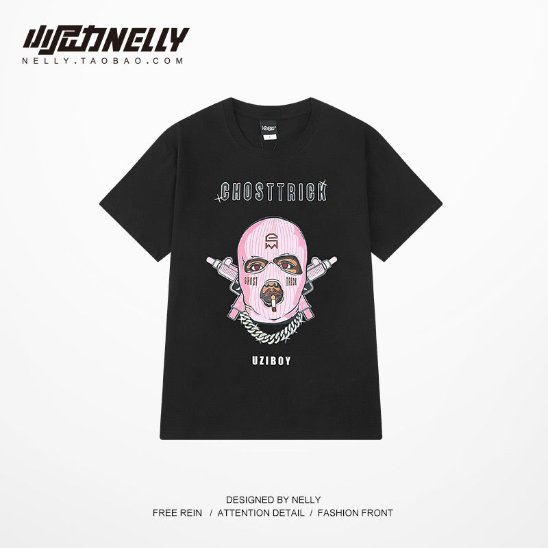 Ins European and American fashion masked people printed short-sleeved T-shirt men and women oversize loose high street hip-hop fried street half-sleeves