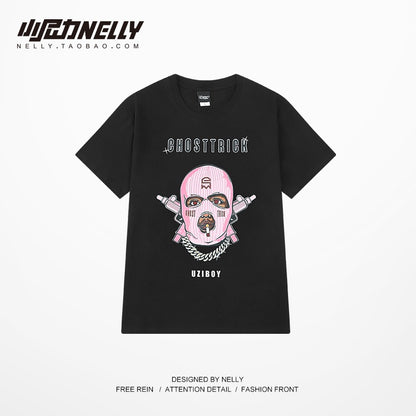 Ins European and American fashion masked people printed short-sleeved T-shirt men and women oversize loose high street hip-hop fried street half-sleeves