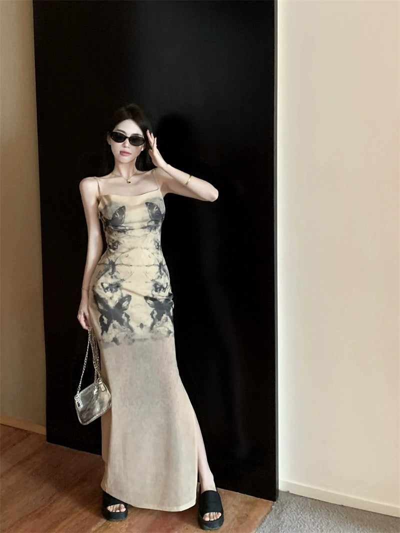 French sexy butterfly tie-dye suspender dress female summer temperament slim slit bag hip long skirt hot girl skirt