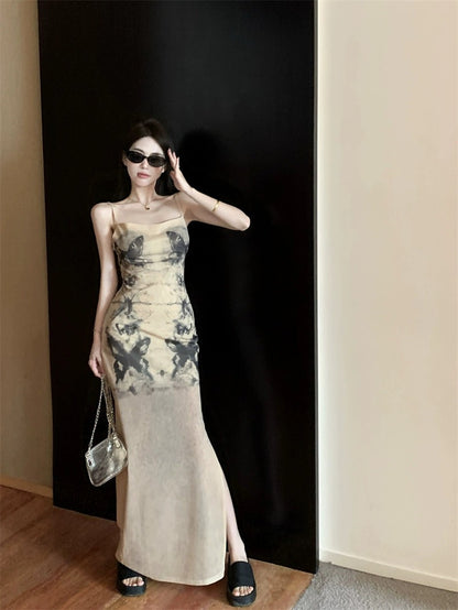 French sexy butterfly tie-dye suspender dress female summer temperament slim slit bag hip long skirt hot girl skirt