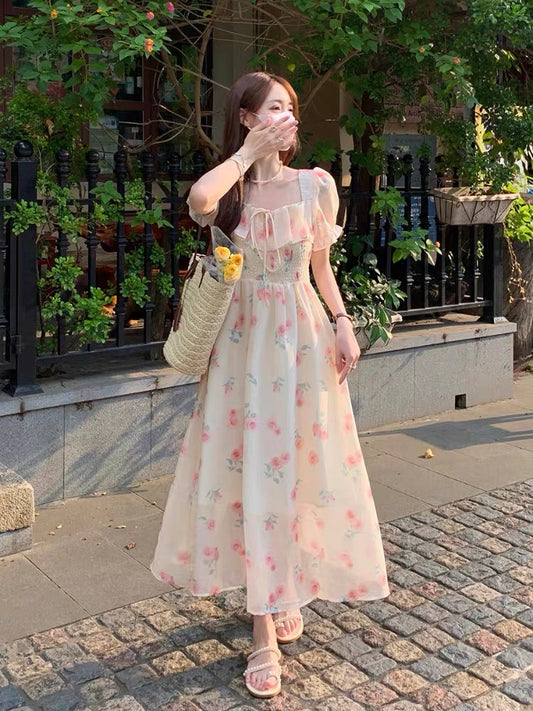 Plus size women's French puff sleeve floral dress 2023 new summer fat mm skirt fairy super fairy forest