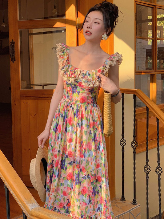 Haze Hezhi "Hand-painted Lyric Poetry" French one-shoulder tea break skirt off-the-shoulder oil painting printed dress female summer