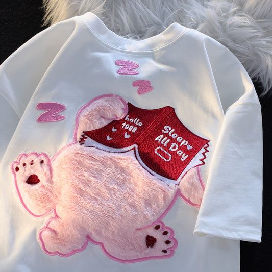 JWNEED lazy kitten couple T-shirt men and women summer sweet and cute college three-dimensional embroidery chic short sleeves