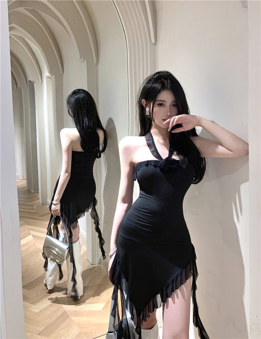 Spice Girl Black Halter Neck Dress Women's Summer Dress Falbala Backless Tight Hip Skirt Irregular Ribbon One Step Skirt