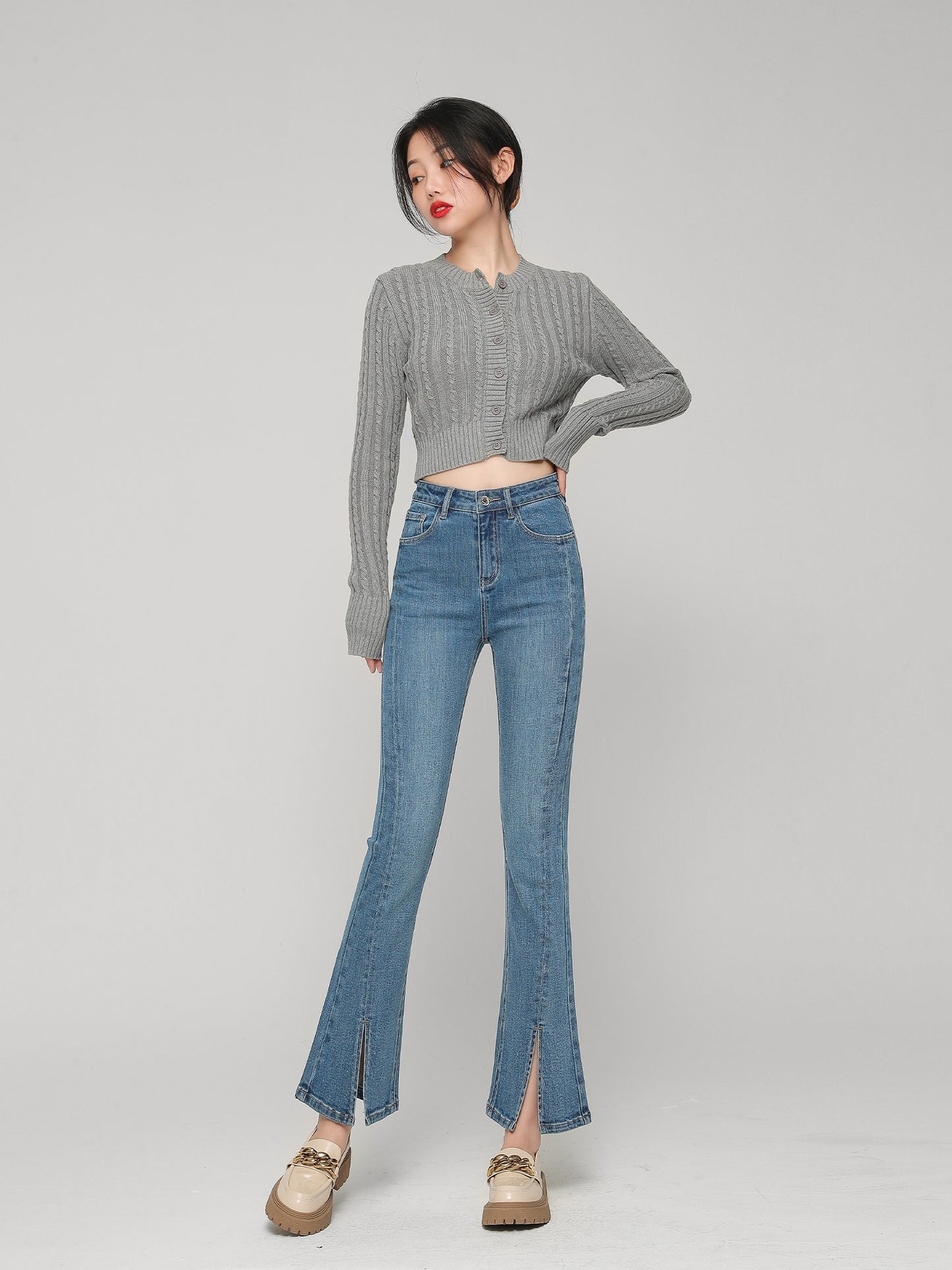 Wang Youshan slit jeans women's high waist nine-point flared pants spring and summer thin section eight-point small flared pants