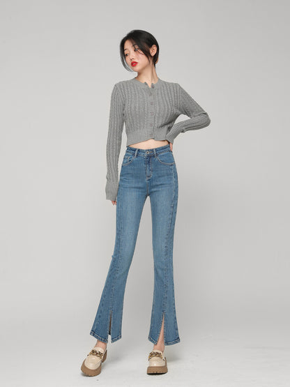 Wang Youshan slit jeans women's high waist nine-point flared pants spring and summer thin section eight-point small flared pants