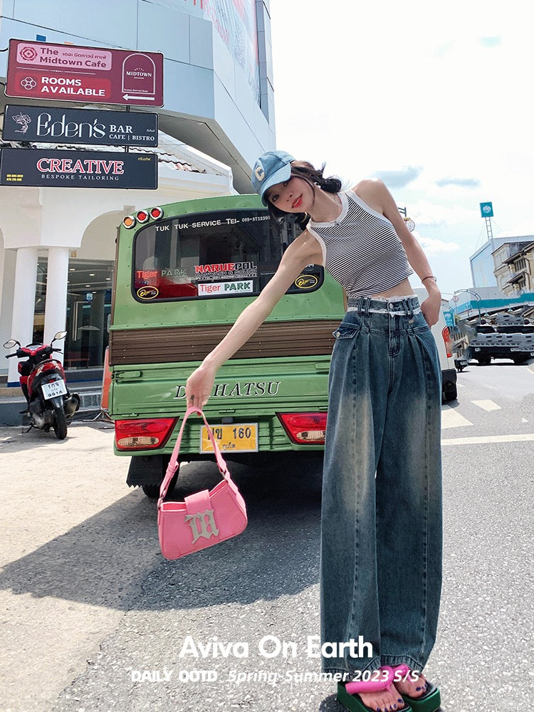 [Earth Shop] Retro faded lace stitching high-waisted jeans women's summer thin section narrow straight-leg pants small man