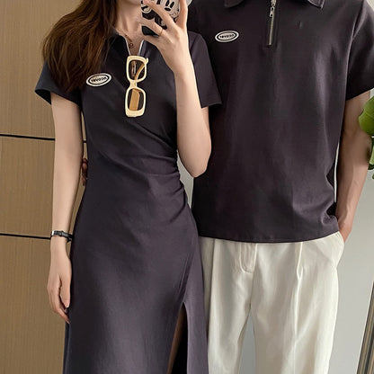 Couple wear summer new one skirt one high-quality Korean version short-sleeved polo shirt dress casual slim long skirt