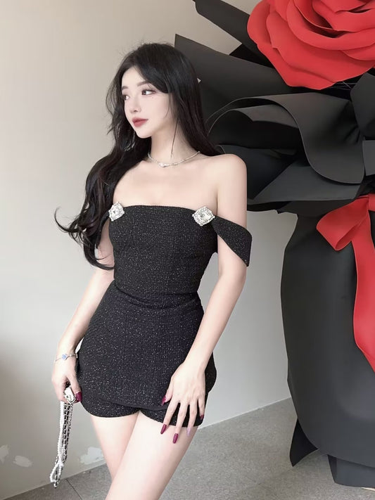 Xiaoxiang temperament woven duffel suit drill buckle slim long vest bow suspenders + shorts two-piece set