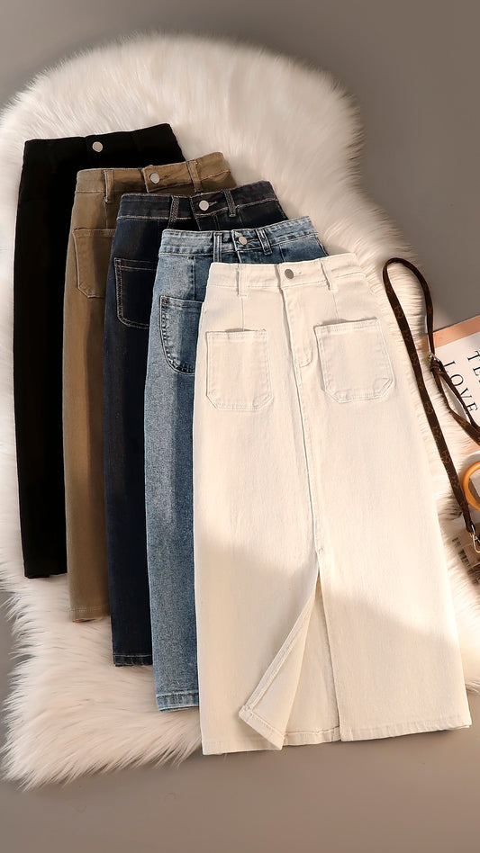 High waist a-line denim skirt women's summer 2023 new retro over-the-knee thin bag hip slit mid-length skirt