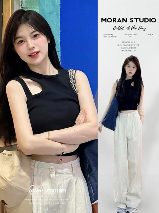American style sweet and spicy blouse sleeveless summer female black slim slim sloping shoulders camisole pants suit