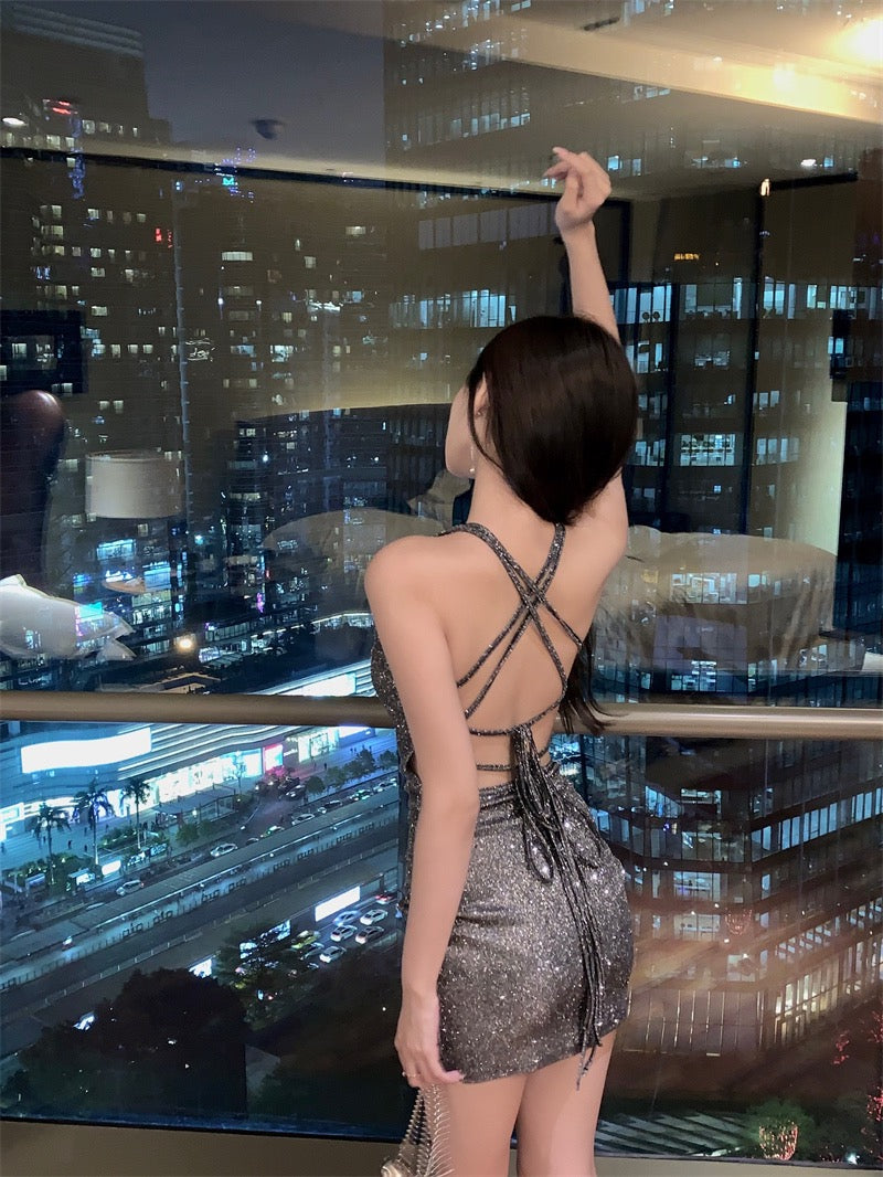 Spice Girl Sequins Backless Sling Dress Women Summer Strap Skirt Temperament Waist Chic Sexy Hip Skirt