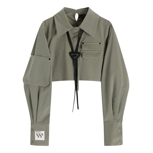 Halter neck two-wear sweet cool short long-sleeved shirt women's spring high-end American retro hot girl tops all-match shirts