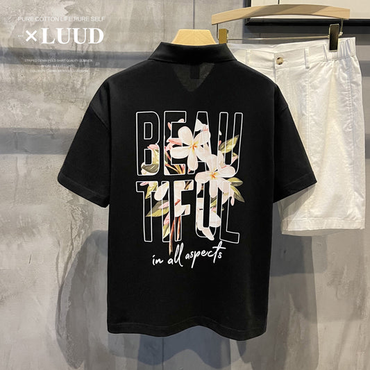 LUUD Back Floral Pattern Printing Fashion Loose Polo Shirt Men's Korean Style Trend Lapel Short Sleeve Polo