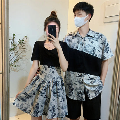 French lovers' summer dress niche design national style improved version fake two pieces floral dress women's short-sleeved shirt