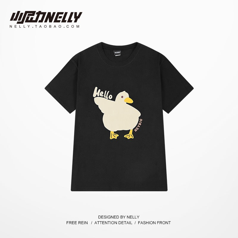 American oversize trendy brand cartoon duckling print short-sleeved t-shirt men's all-match casual loose cotton half-sleeves