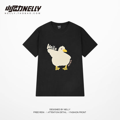 American oversize trendy brand cartoon duckling print short-sleeved t-shirt men's all-match casual loose cotton half-sleeves