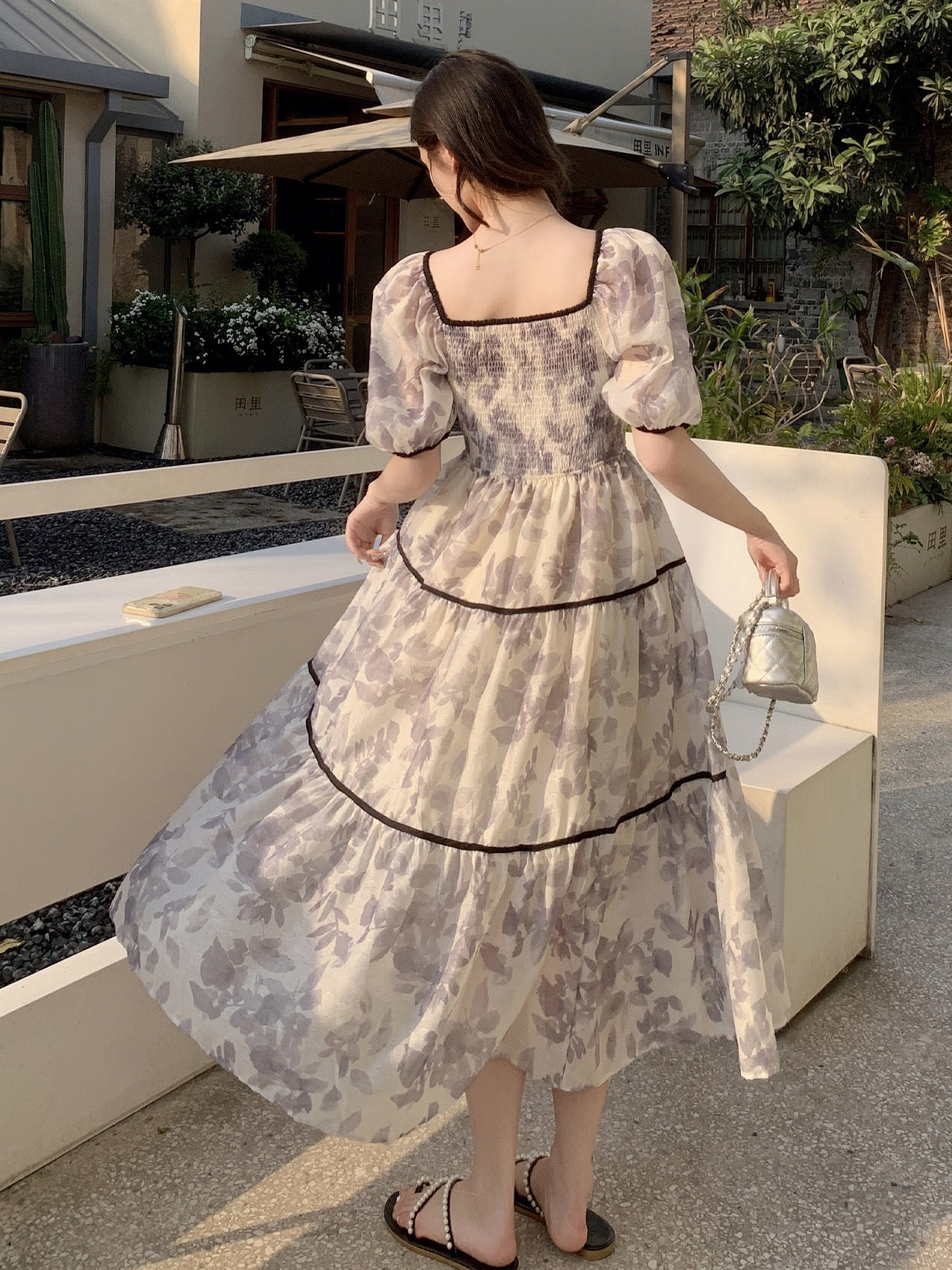 French one-shoulder floral dress women's summer 2023 new temperament waist puff sleeves gentle wind long skirt