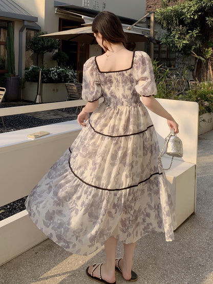 French one-shoulder floral dress women's summer 2023 new temperament waist puff sleeves gentle wind long skirt